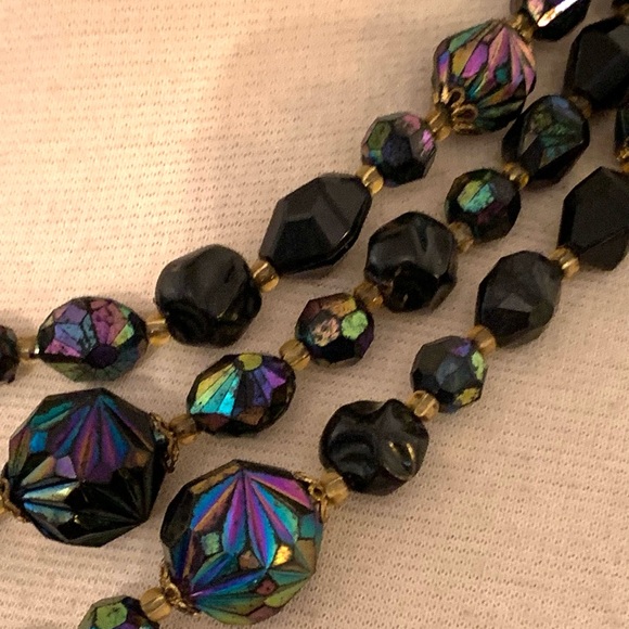 Vintage jet Black aurora borealis Necklace Earrings set west Germany 3 strands - Picture 4 of 15
